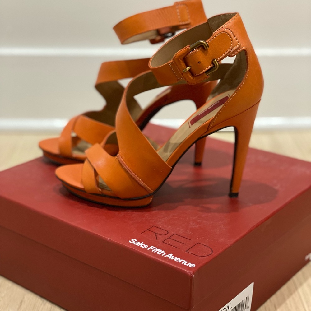 RED Saks Fifth Avenue Orange Leather Heeled Sandals
